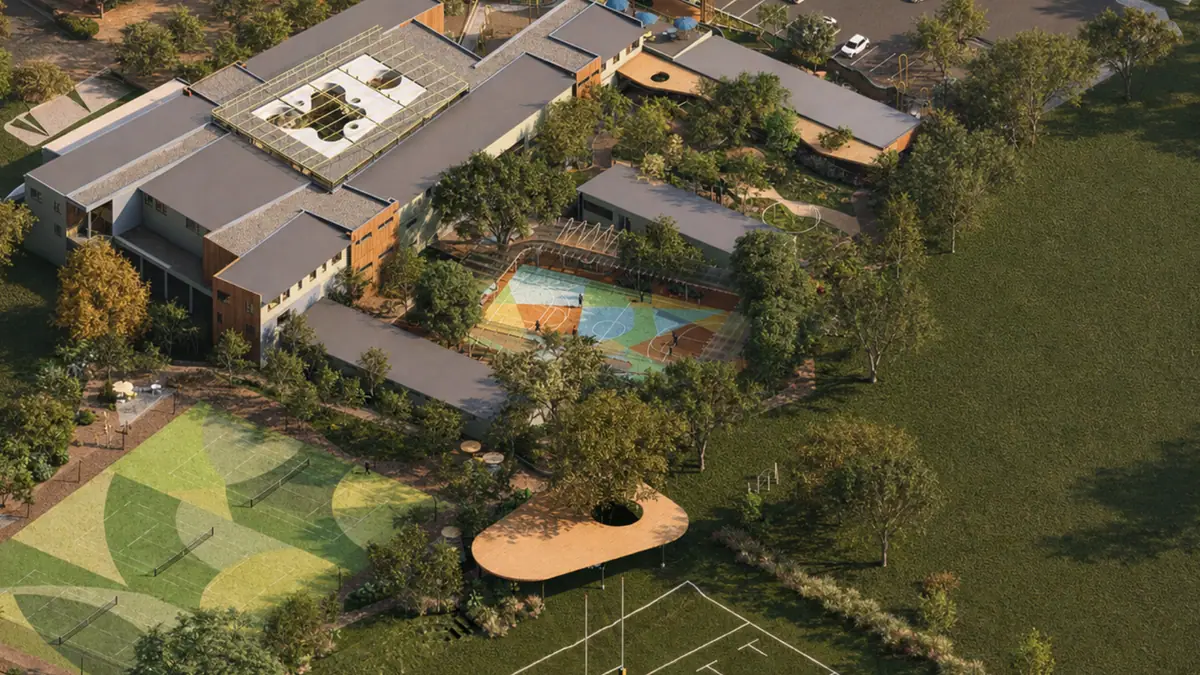 Artist’s impression of the Waterford Education Precinct from above, showing the buildings, multi-courts and playing fields