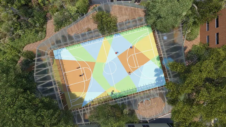 Artist’s impression of the three multi-courts from above, marked for several sports