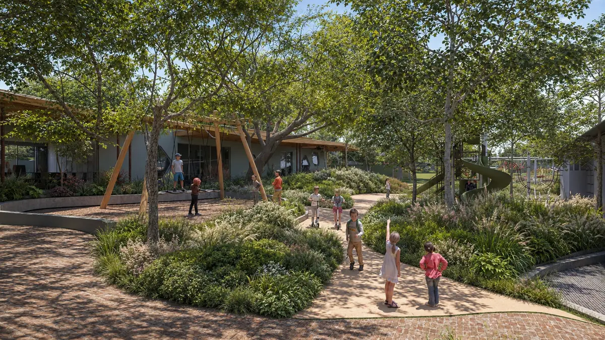 Artist’s impression of the entrance courtyard, with a timber canopy and planted beds